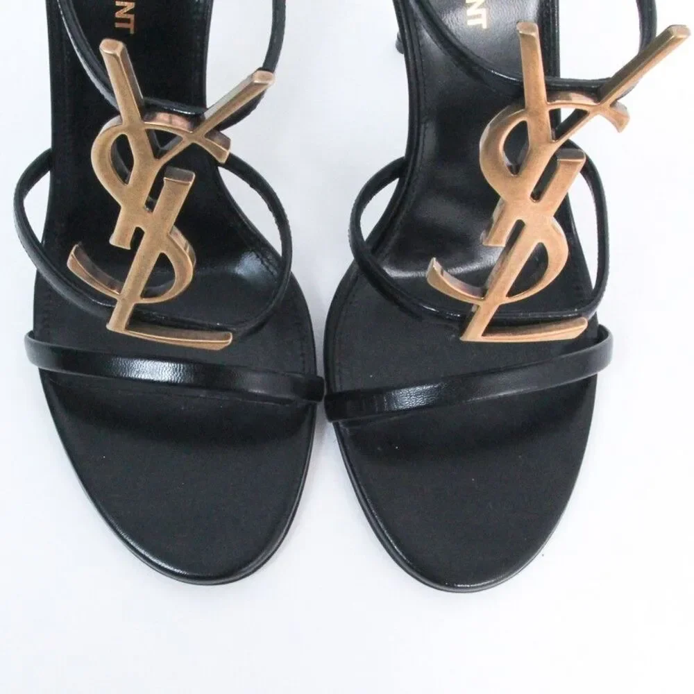 Saint Laurent Cassandra Sandals Black Leather Gold YSL Monogram Logo Heels 39